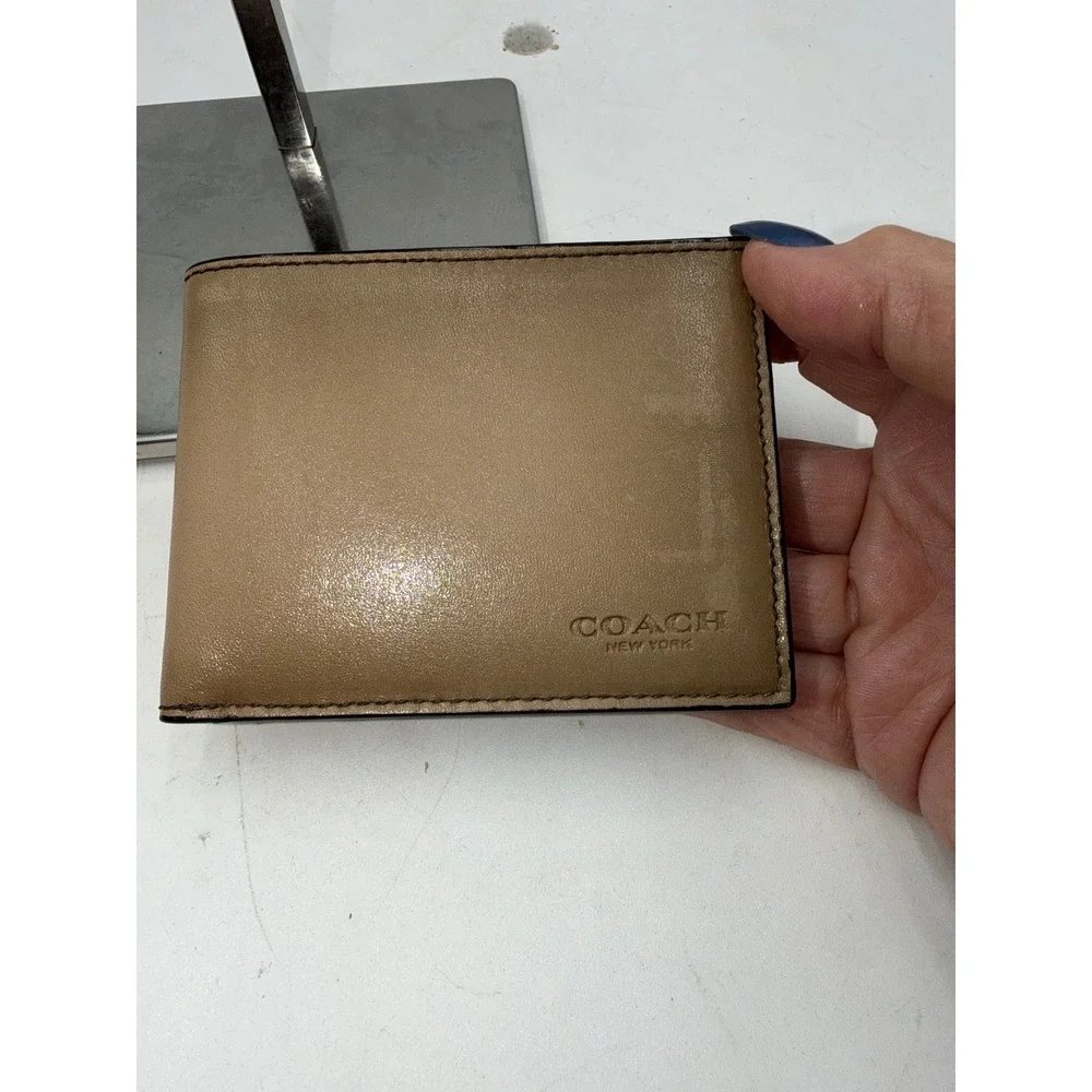 Coach New York Mens Tan Leather Bifold Wallet Metallic Sheen Card Slots***